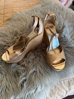 Jimmy Choo Metallic Gold Cork Wedge Sandals